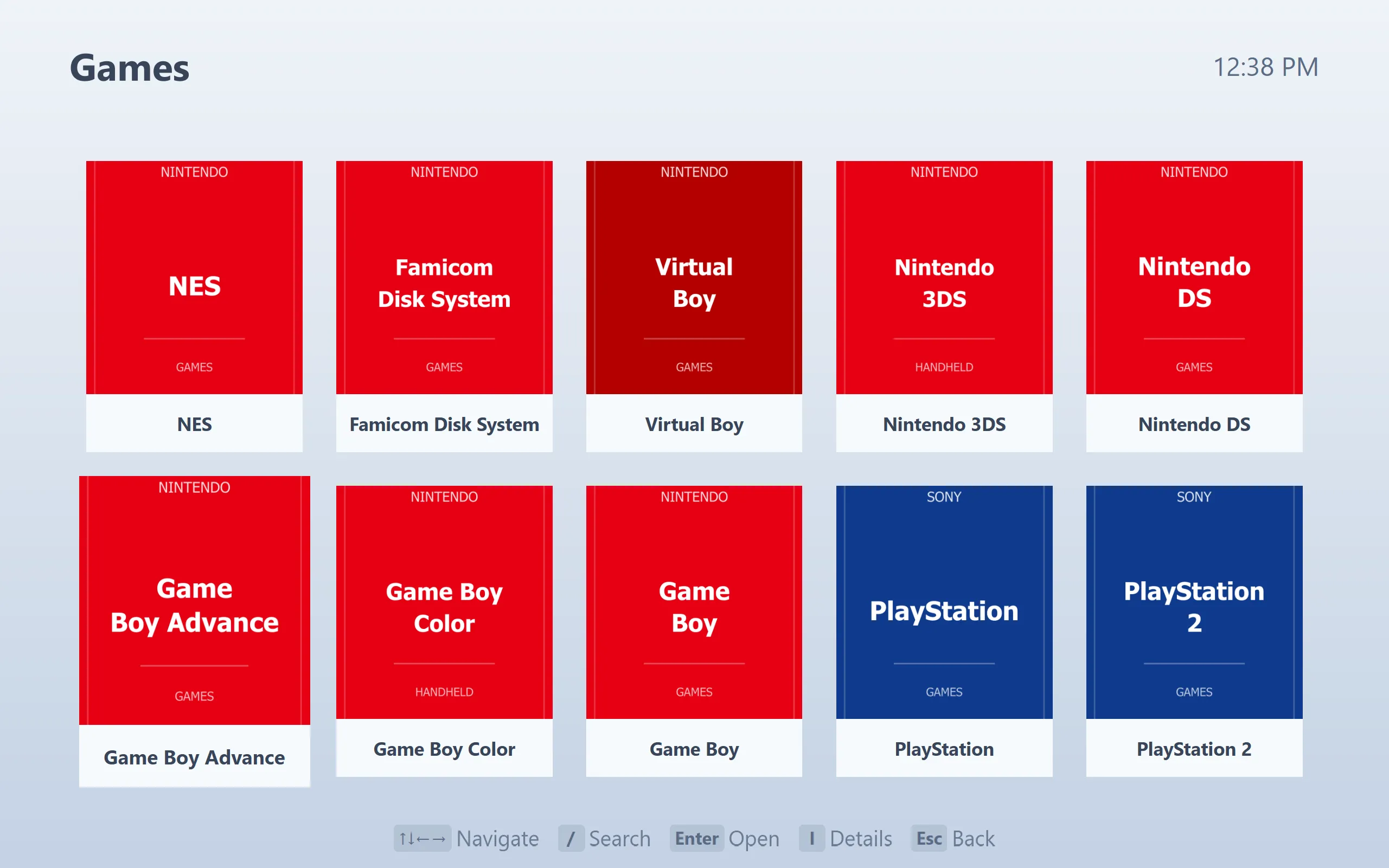 Games organised by system — dozens of consoles and computers, side by side.