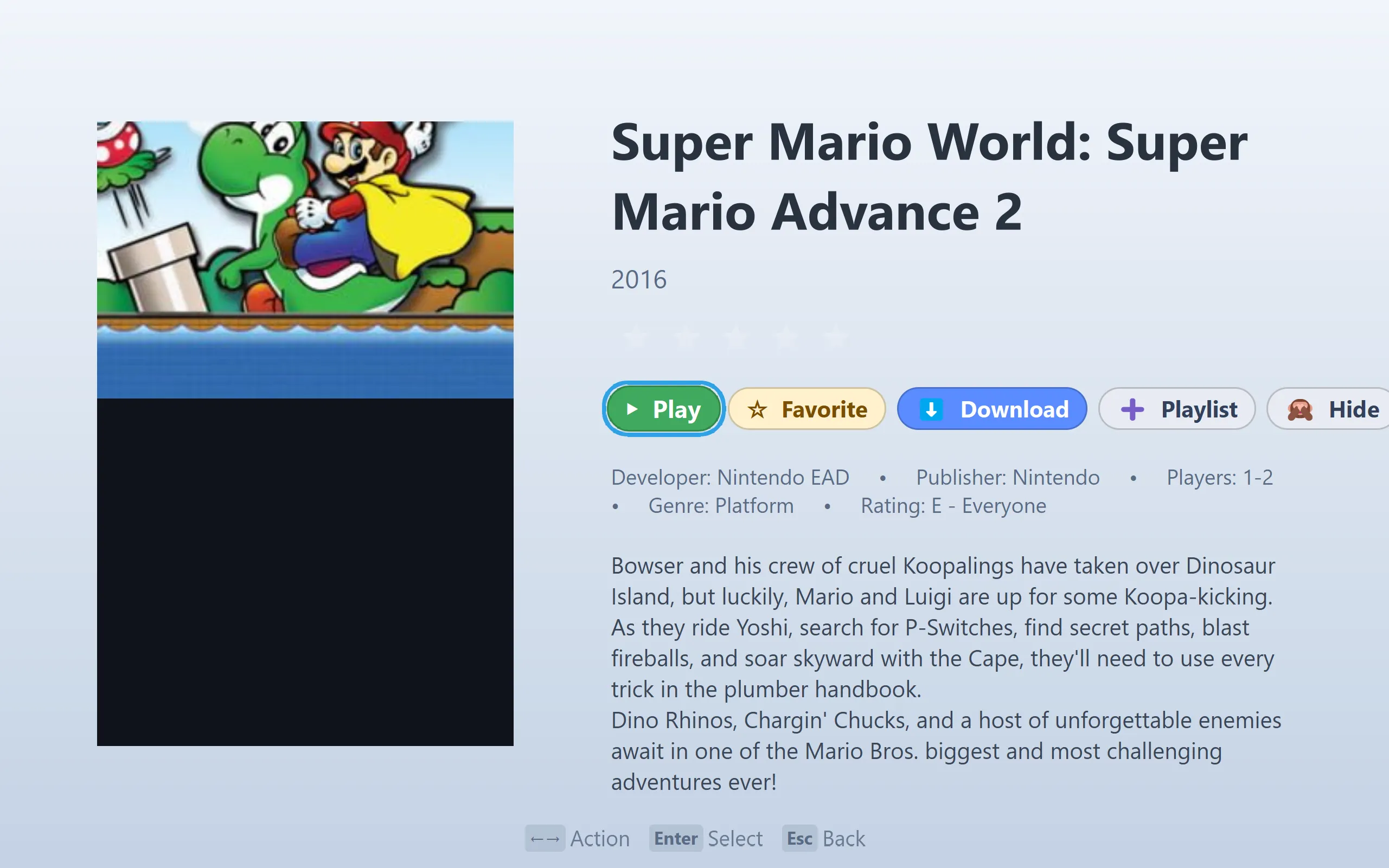 A game in full: developer, publisher, player count, genre and age rating.