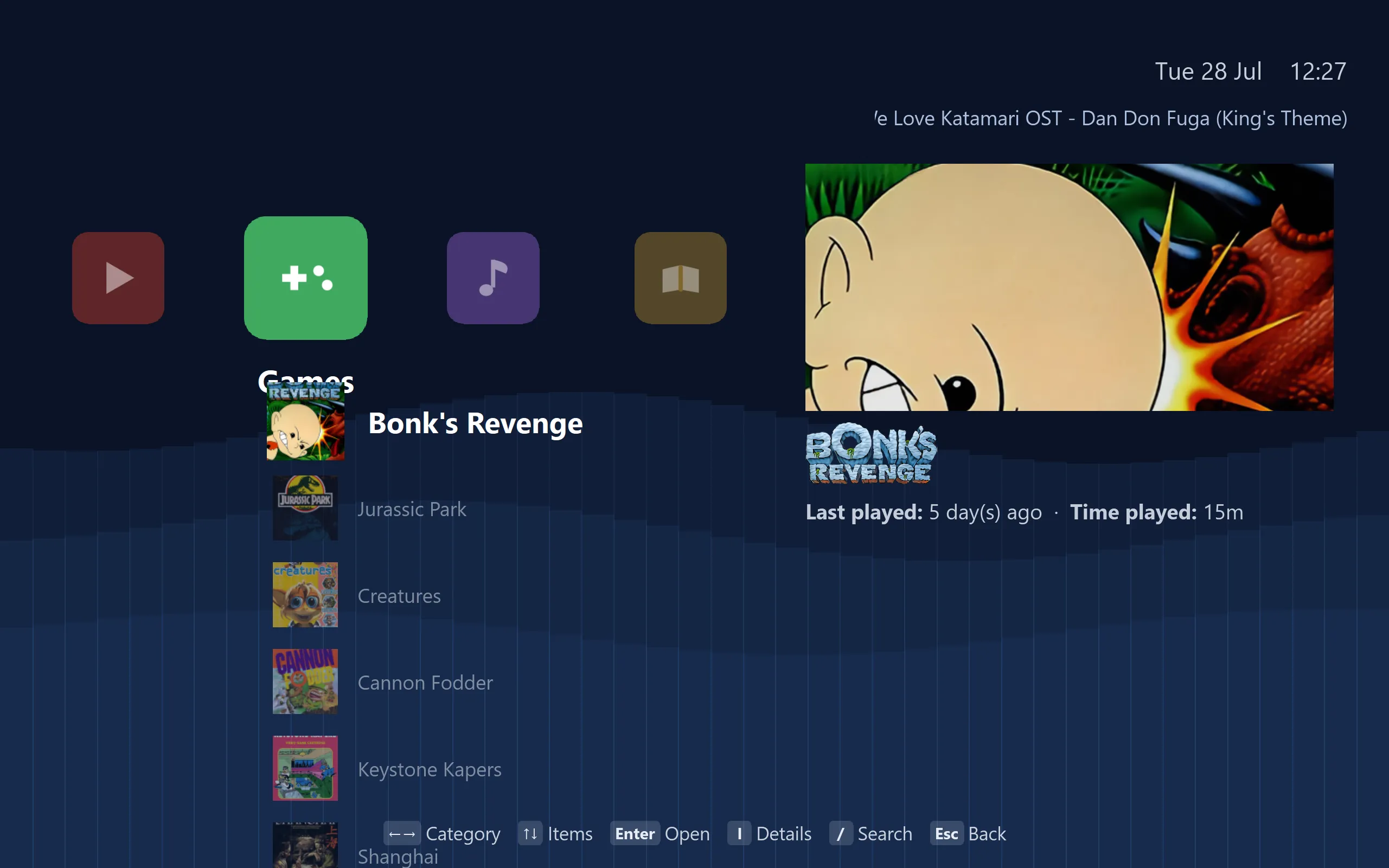 The games library, with box art, a logo, screen art and how long you have played each one.