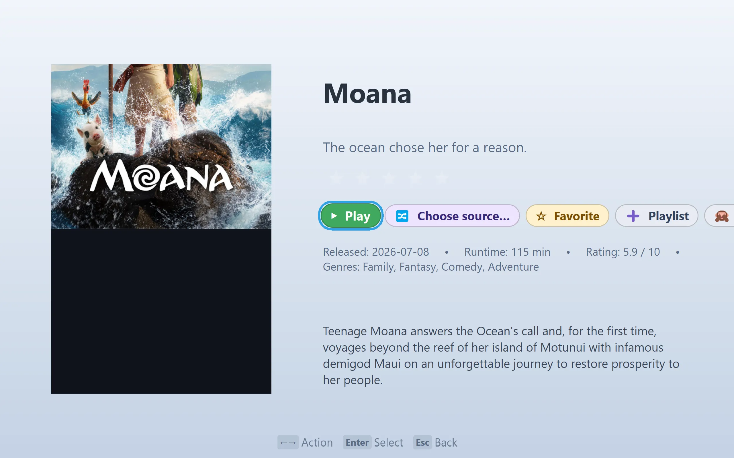 A film in full: poster, tagline, runtime, rating and genres, with play and source options.