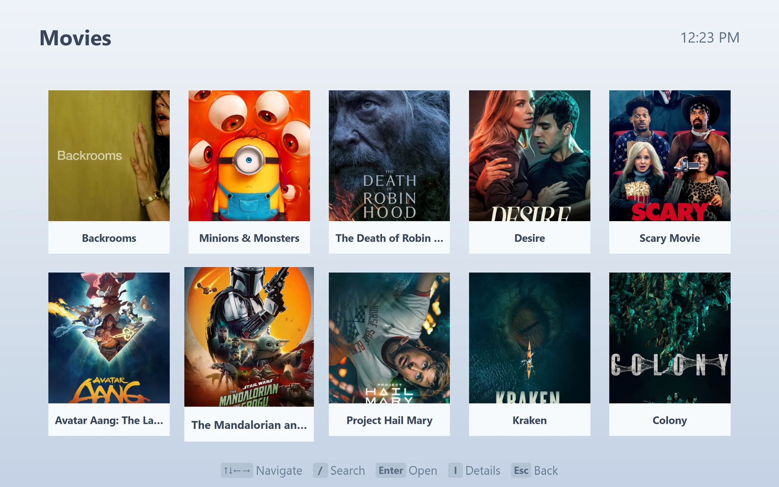Browsing films. Artwork and titles come from the catalog addon, not from filenames.