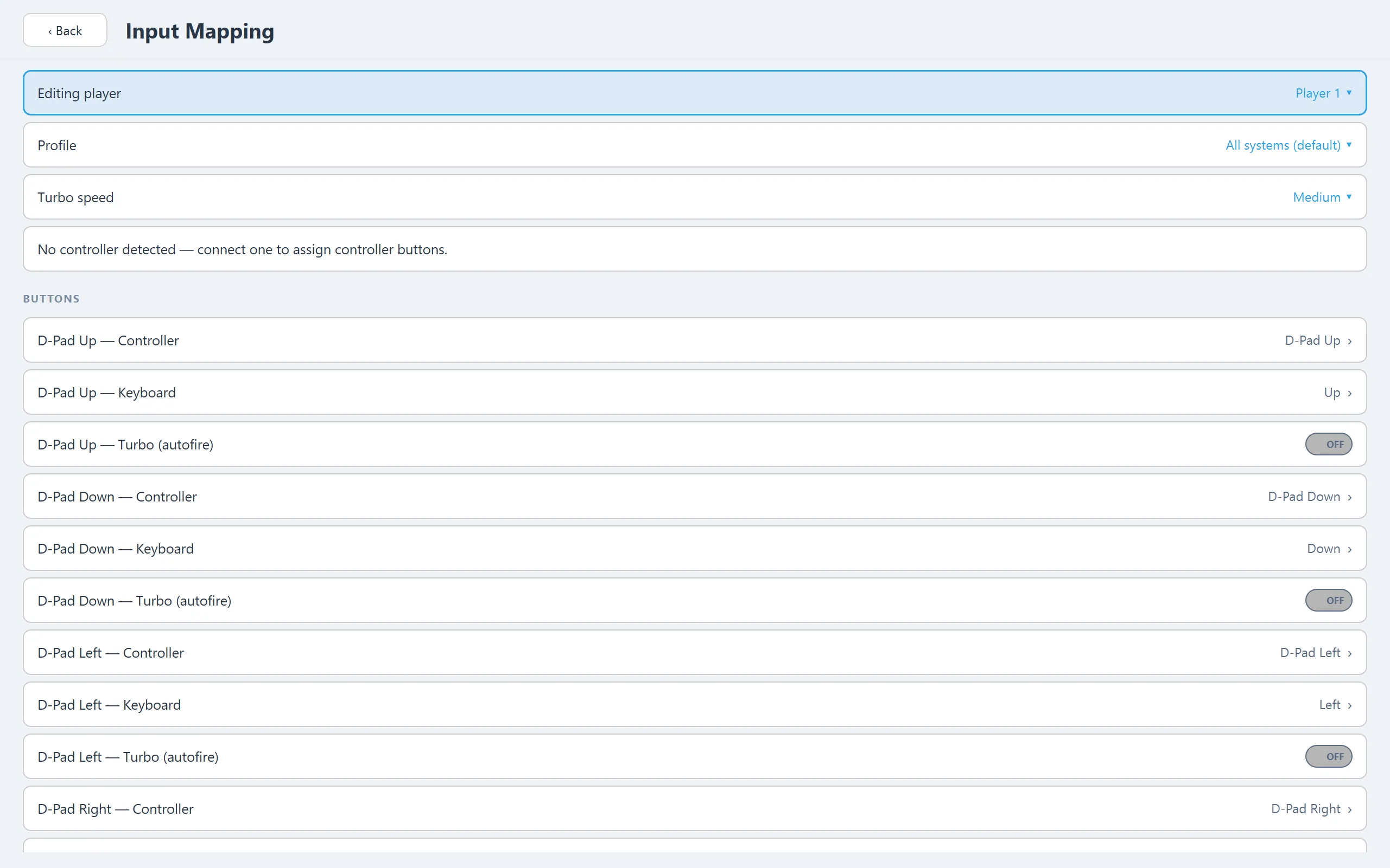 Input mapping — per player, per profile, with separate controller and keyboard bindings and turbo.