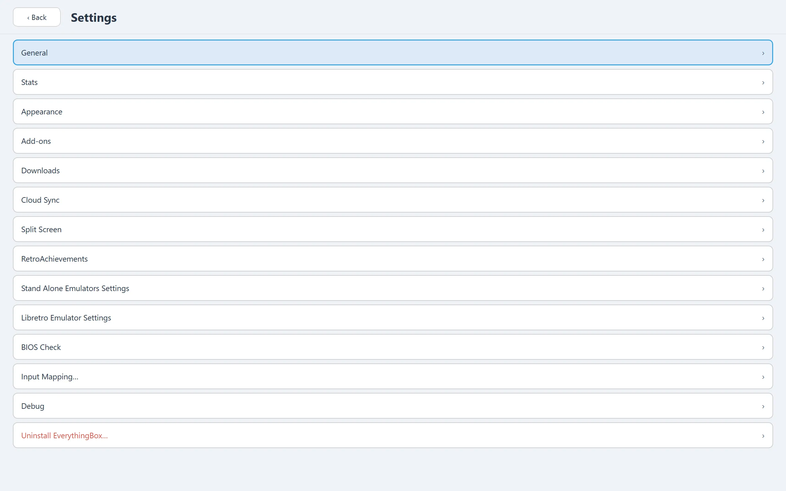 Settings: cloud sync, achievements, standalone and built-in emulators, BIOS checks, input mapping.