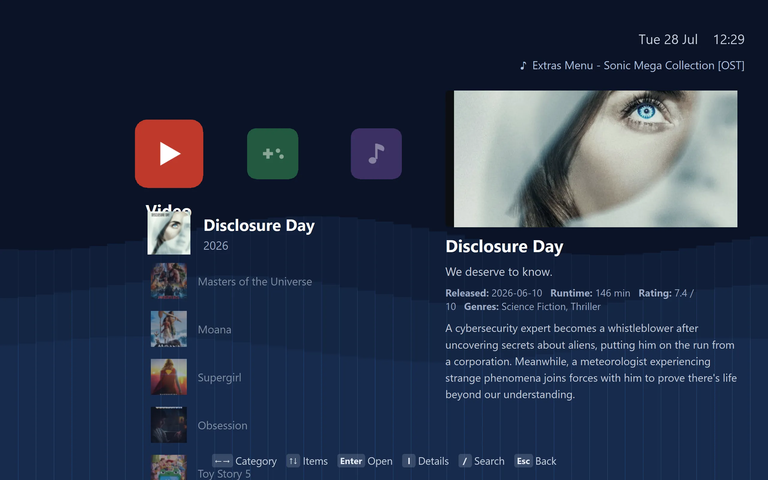 The same library in the dark theme, with backdrop art and the synopsis alongside.